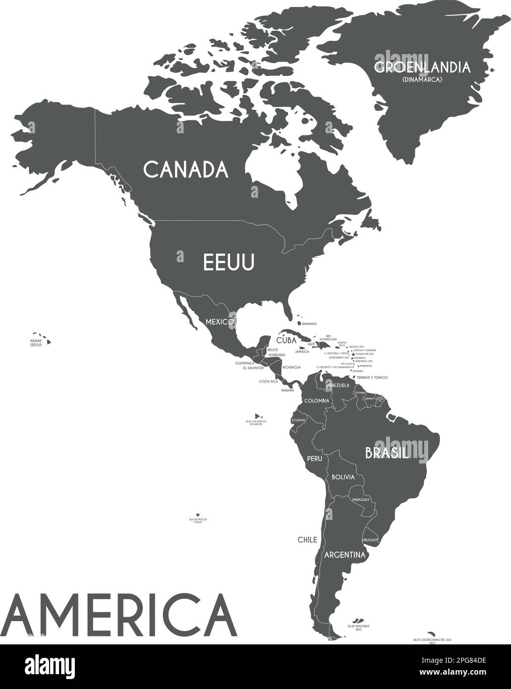 Amérique politique Illustration vectorielle isolée sur fond blanc avec des noms de pays en espagnol. Calques modifiables et clairement étiquetés. Illustration de Vecteur