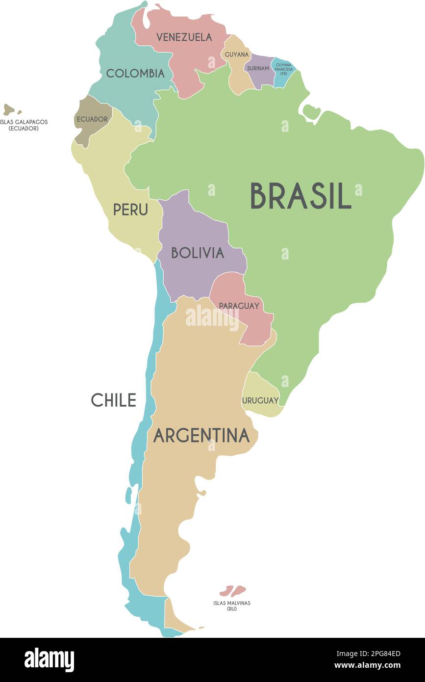 Amérique du Sud politique Illustration vectorielle isolée sur fond blanc avec des noms de pays en espagnol. Calques modifiables et clairement étiquetés. Illustration de Vecteur