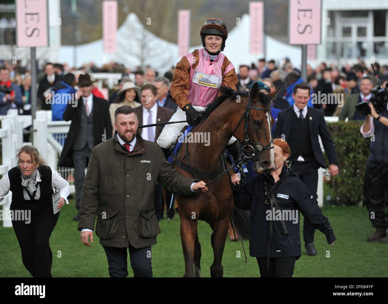 Deuxième course 2,10 le gagnant de la McCoy Contractors County Hhurdle Race Faisoir, monté par Bridget Andrews, entre dans l'enceinte des gagnants Horse Racing Banque D'Images