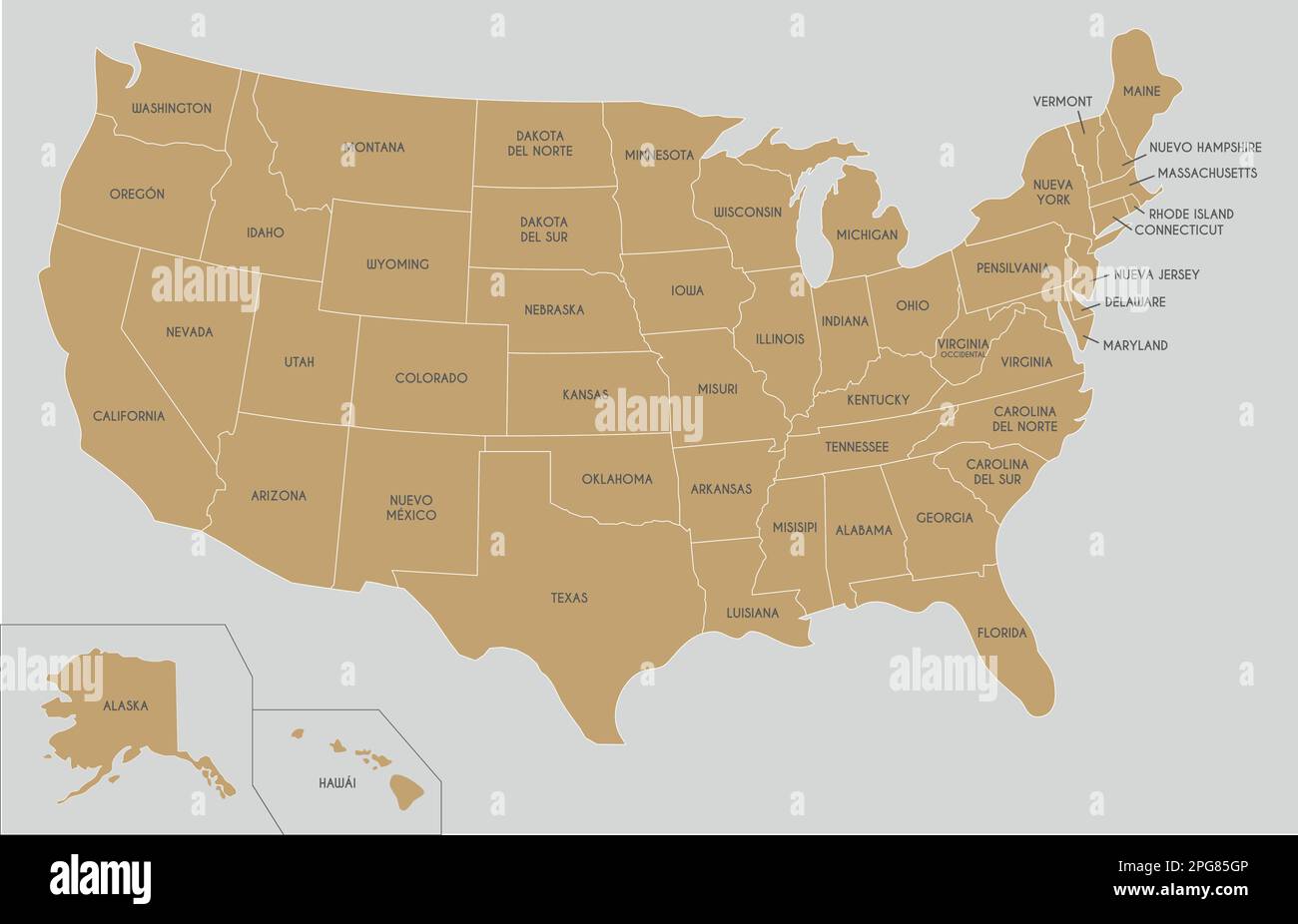 Illustration vectorielle USA Map avec noms de pays en espagnol. Calques modifiables et clairement étiquetés. Illustration de Vecteur