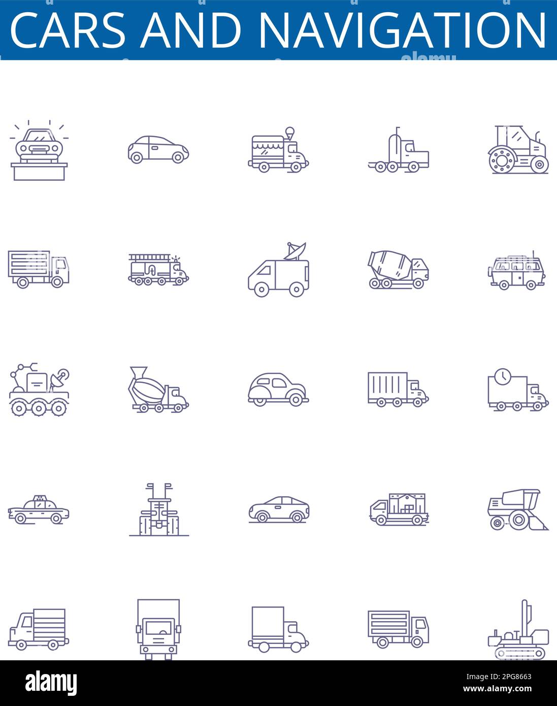 Voitures et lignes de navigation icônes signes ensemble. Collection de conception de voitures, navigation, automobiles, conduite, cartes, Concept routes, GPS, vue de la rue Illustration de Vecteur
