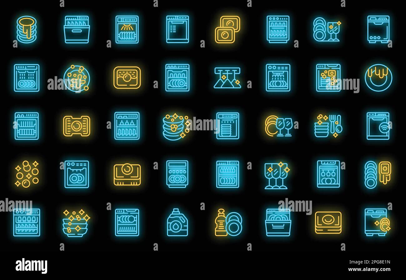 Les icônes de détergent pour lave-vaisselle définissent un vecteur de contour. Onglets de publicité. Capsules nettoyer couleur néon sur noir Illustration de Vecteur