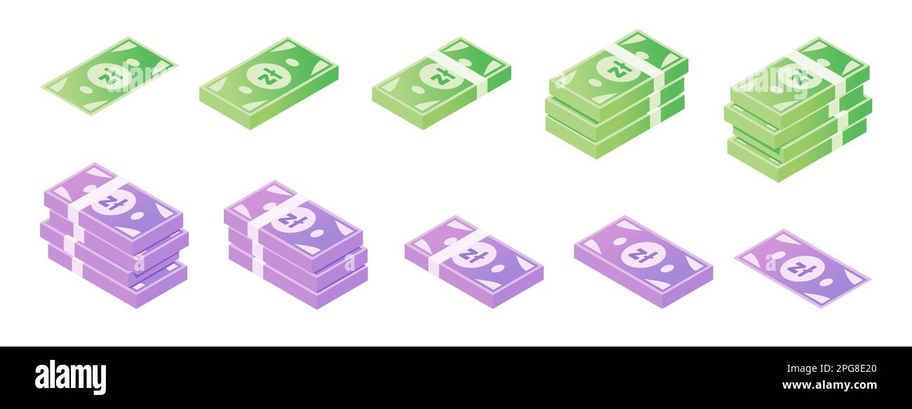 Jeu d'icônes isométriques de note de banque en zloty polonais Illustration de Vecteur