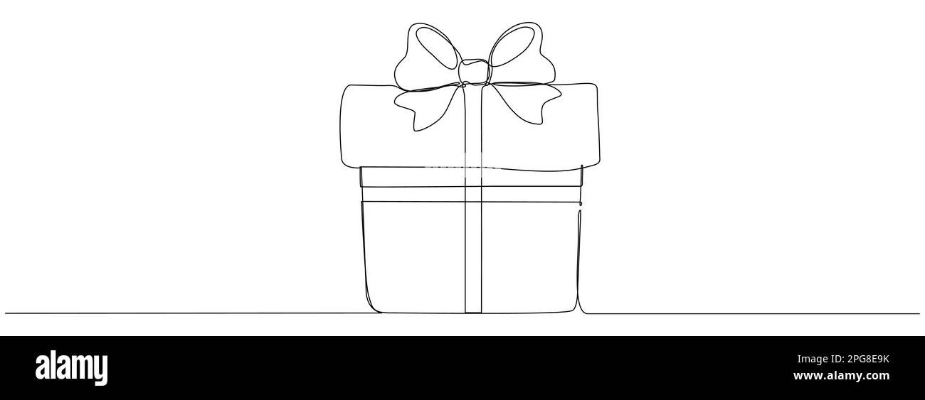 Boîte-cadeau dessin d'art continu. Une ligne présente avec un noeud en ruban. Vecteur isolé sur blanc. Illustration de Vecteur