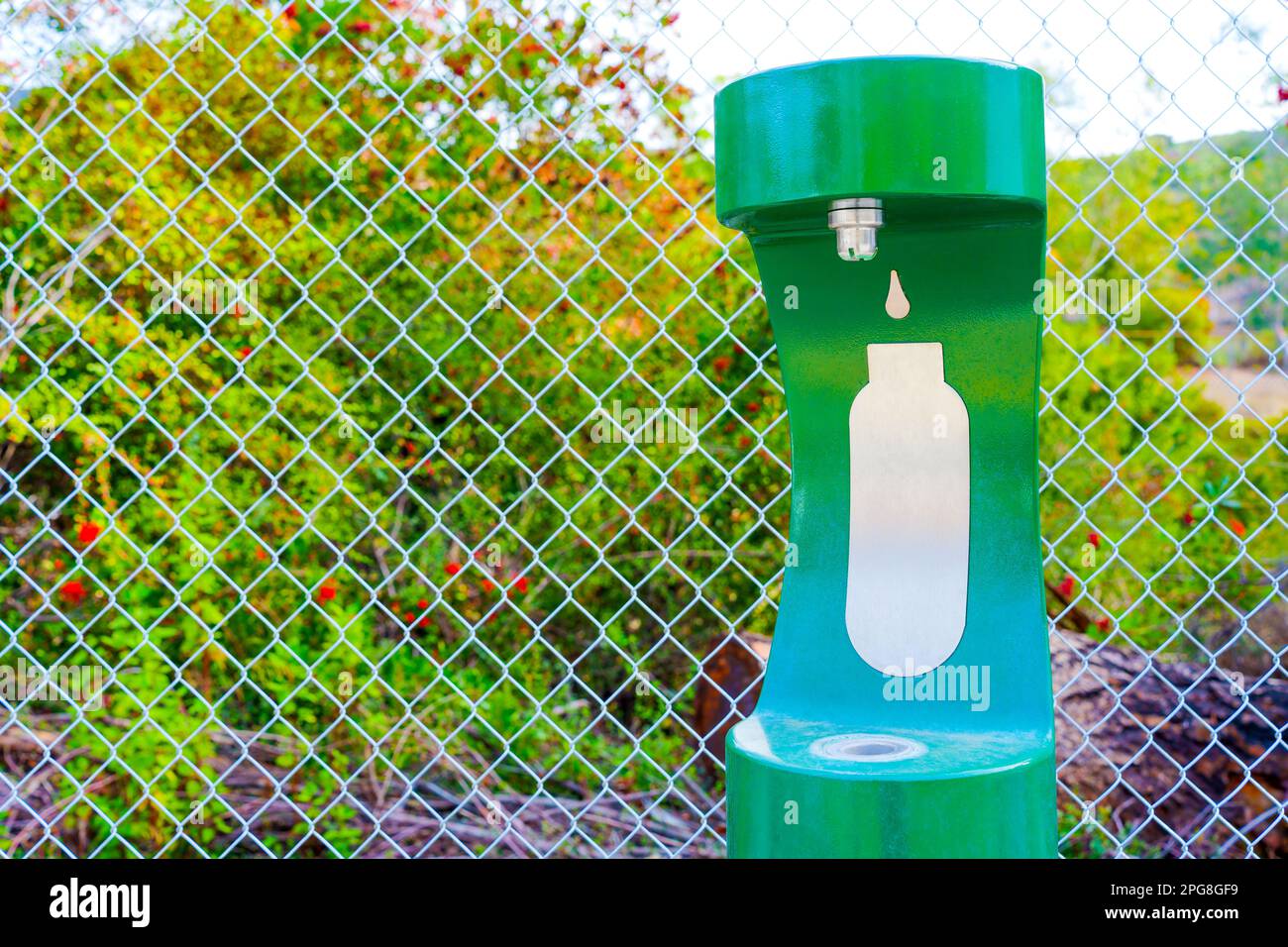 Station de remplissage pour bouteille d'eau verte contre une clôture en maille à l'extérieur. Accès pratique à l'eau potable tout en appréciant la nature. Banque D'Images