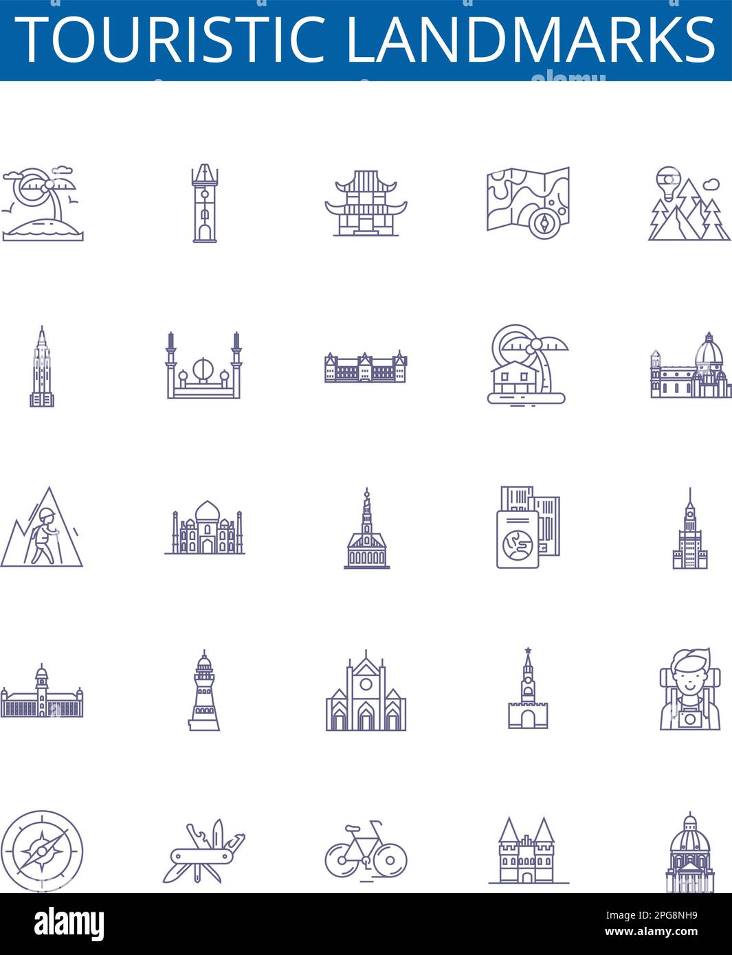 Lignes de monuments touristiques icônes signes ensemble. Collection design de Tourisme, monuments, Palais, Eglises, Châteaux, ruines, statues Illustration de Vecteur