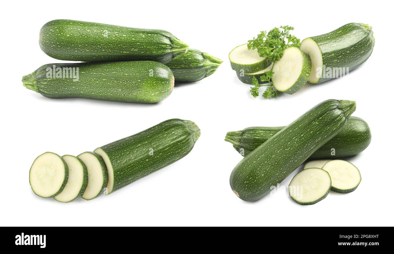 Ensemble de courgettes fraîches mûres sur fond blanc Banque D'Images