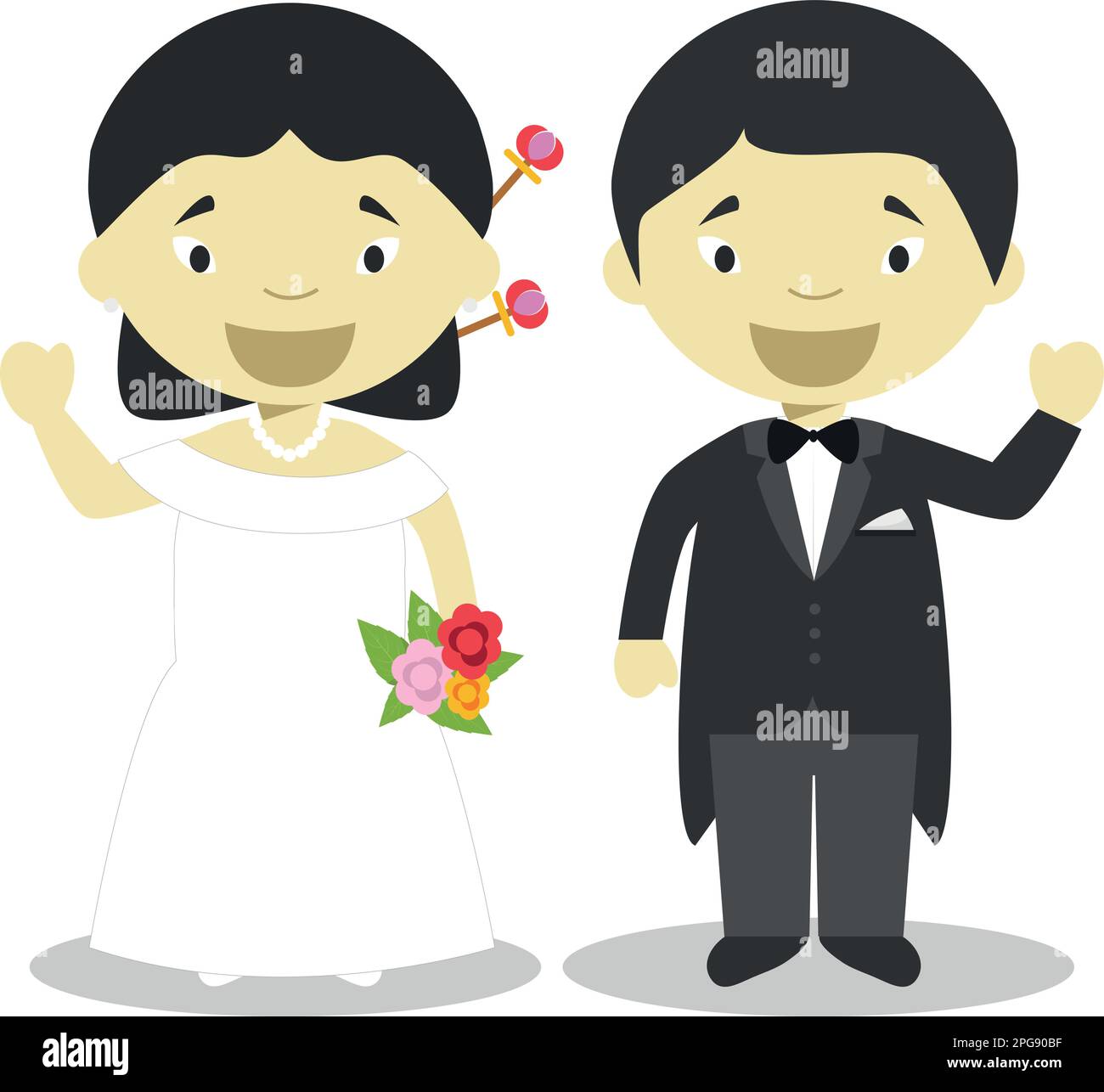Couple oriental de jeunes mariés en dessin animé Vector Illustration de Vecteur