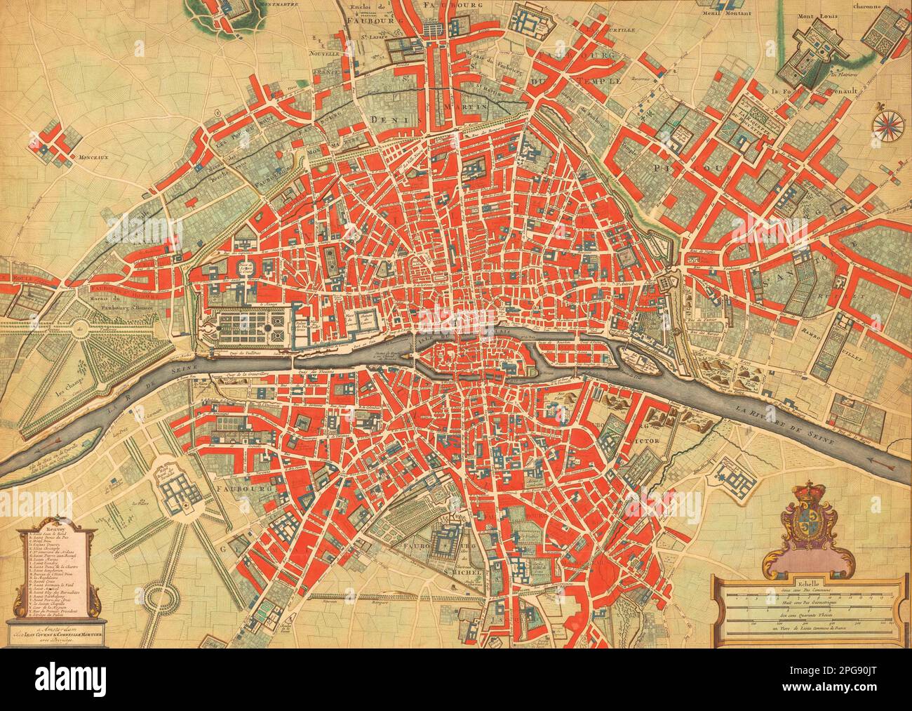 Carte du 18th siècle de Paris, France avec ses banlieues et environs. Banque D'Images