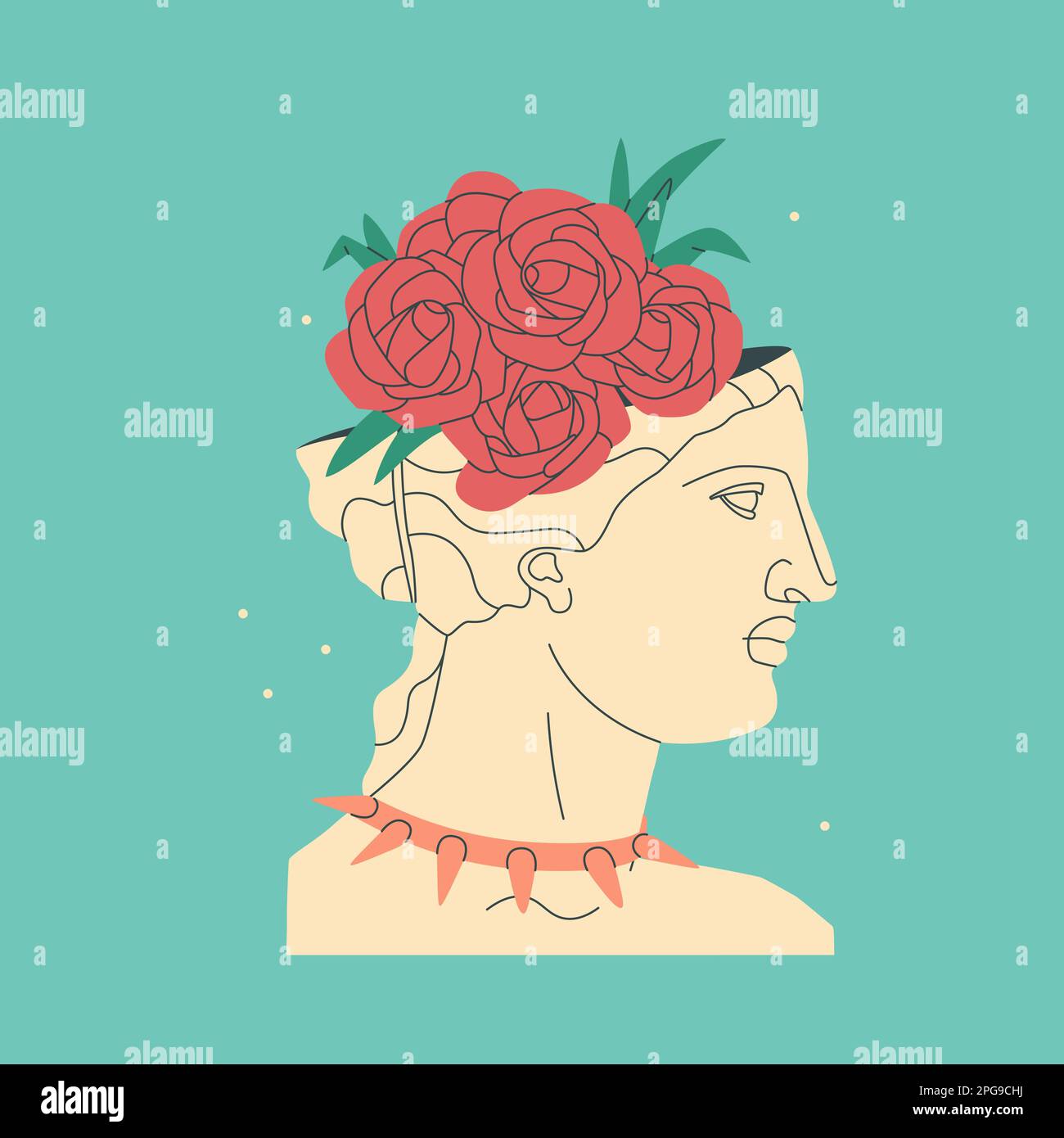 Buste d'une déesse grecque antique décorative d'une femme. Sculpture antique avec un bouquet de fleurs roses sur sa tête et un col clouté. Vecteur Illustration de Vecteur