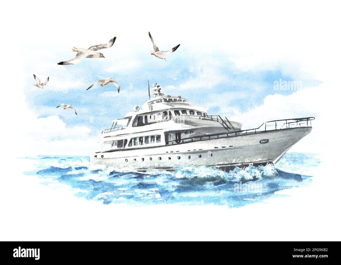 Bateau de mer, yacht sur les vagues et mouettes. Illustration aquarelle dessinée à la main isolée sur fond blanc Banque D'Images