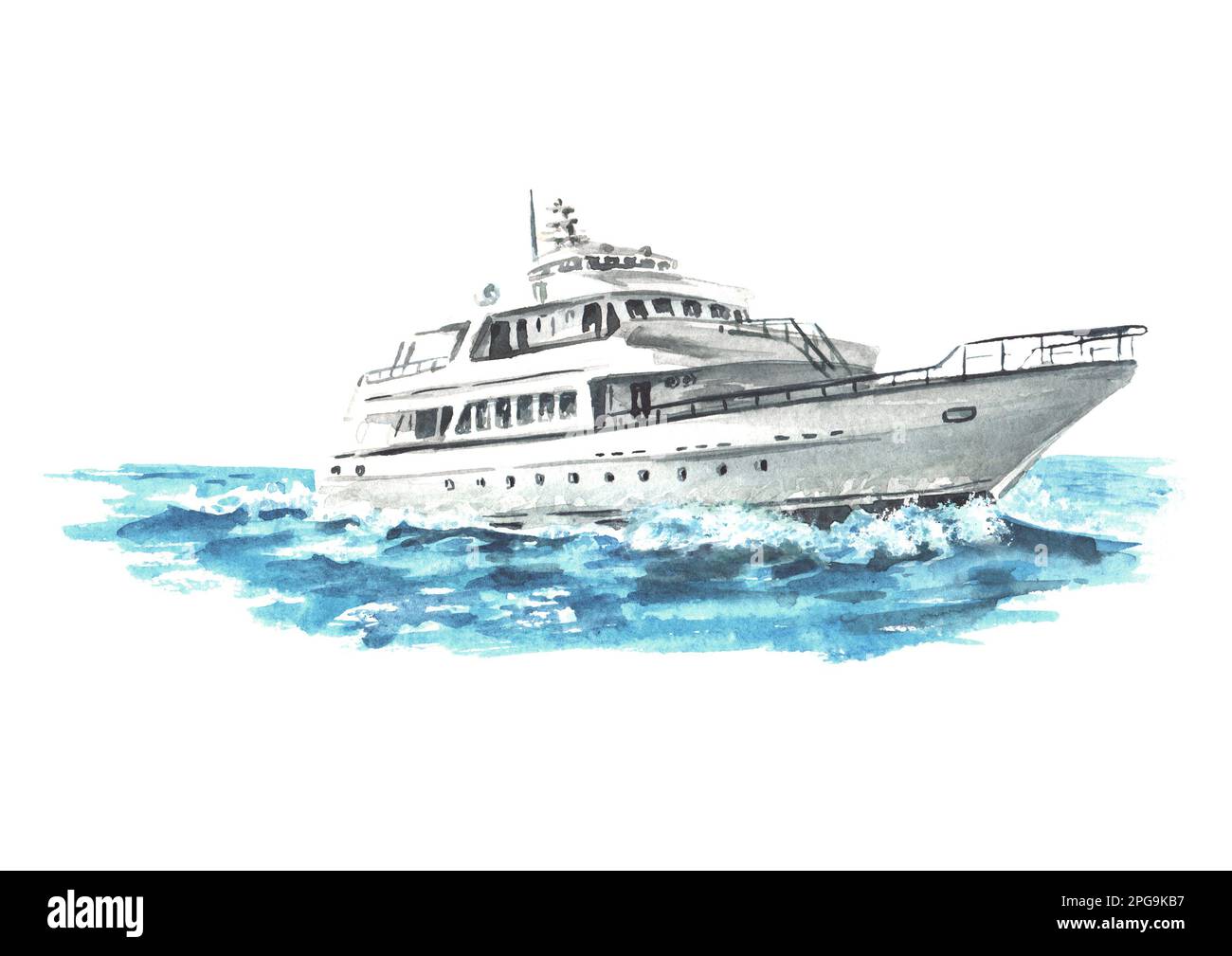 Bateau de mer, yacht. Illustration aquarelle dessinée à la main isolée sur fond blanc Banque D'Images