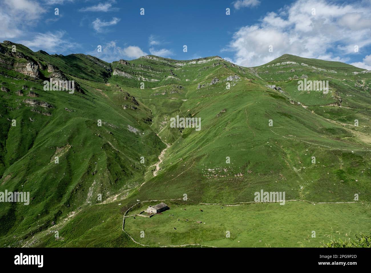 Paysage de montagne rugueux avec des pentes calcaires abruptes et des prairies verdoyantes à Valles Pasiegos, Cantabrie, nord de l'Espagne Banque D'Images