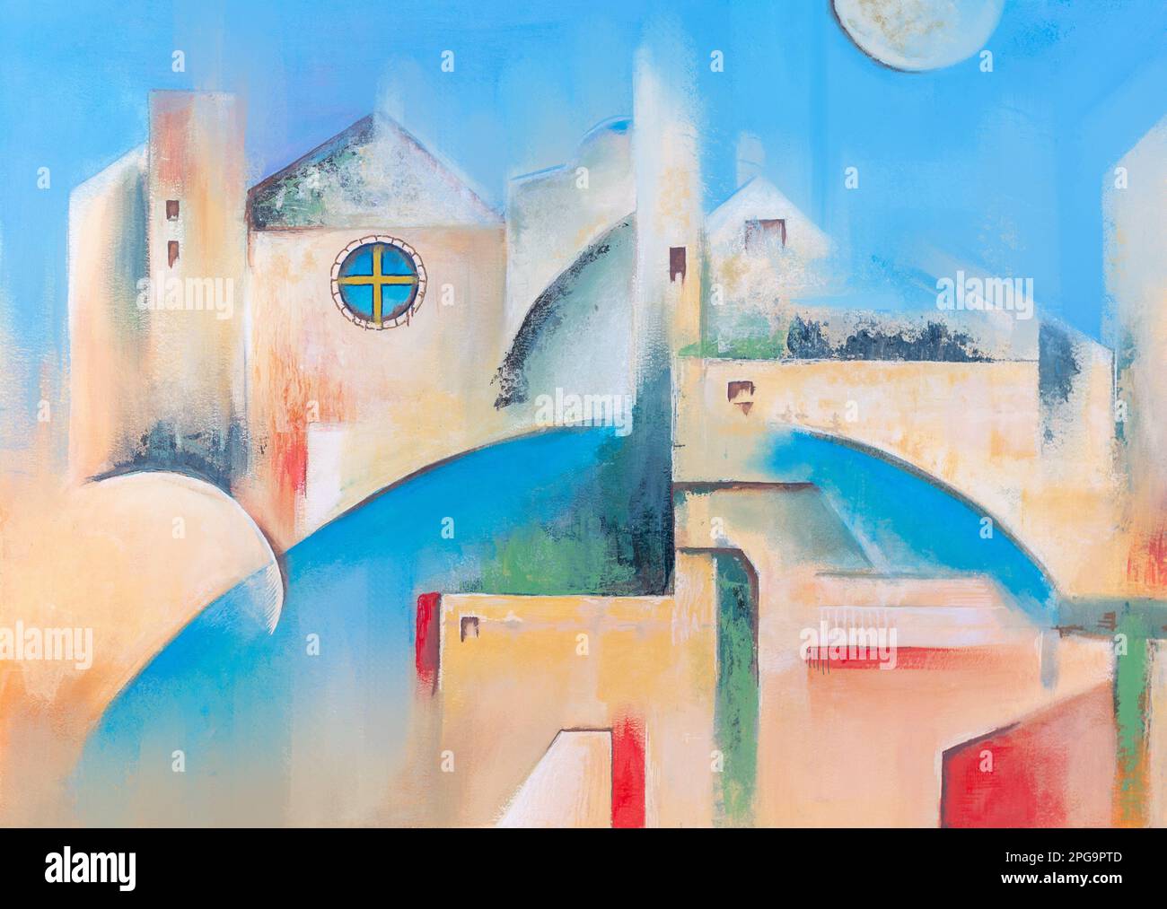 Peinture abstraite avec des formes géométriques créant un paysage urbain. Mélange de meida sur papier Banque D'Images