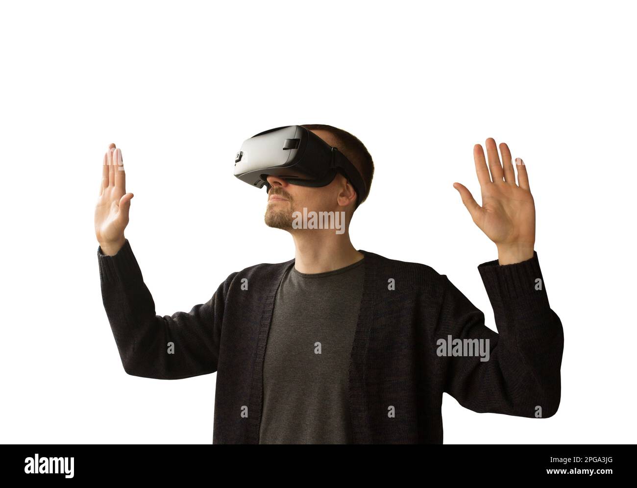 Homme en réalité virtuelle lunettes isolées sur fond blanc. Le concept des technologies futures Banque D'Images