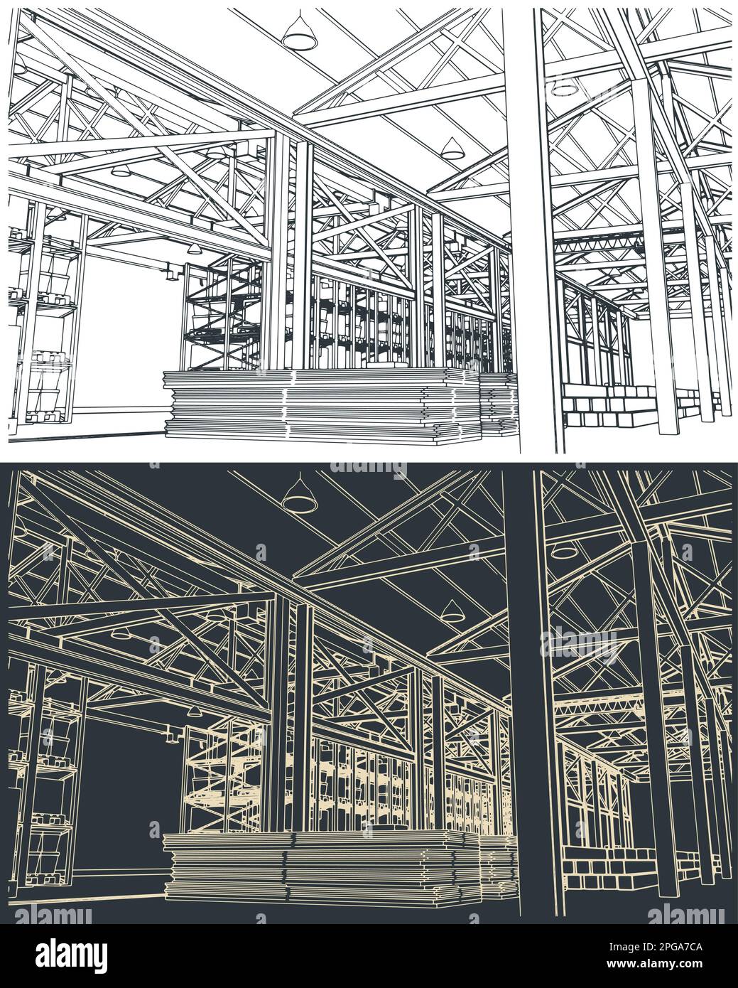 Illustrations vectorielles stylisées de l'intérieur d'un grand entrepôt avec boîtes, étagères et marchandises Illustration de Vecteur