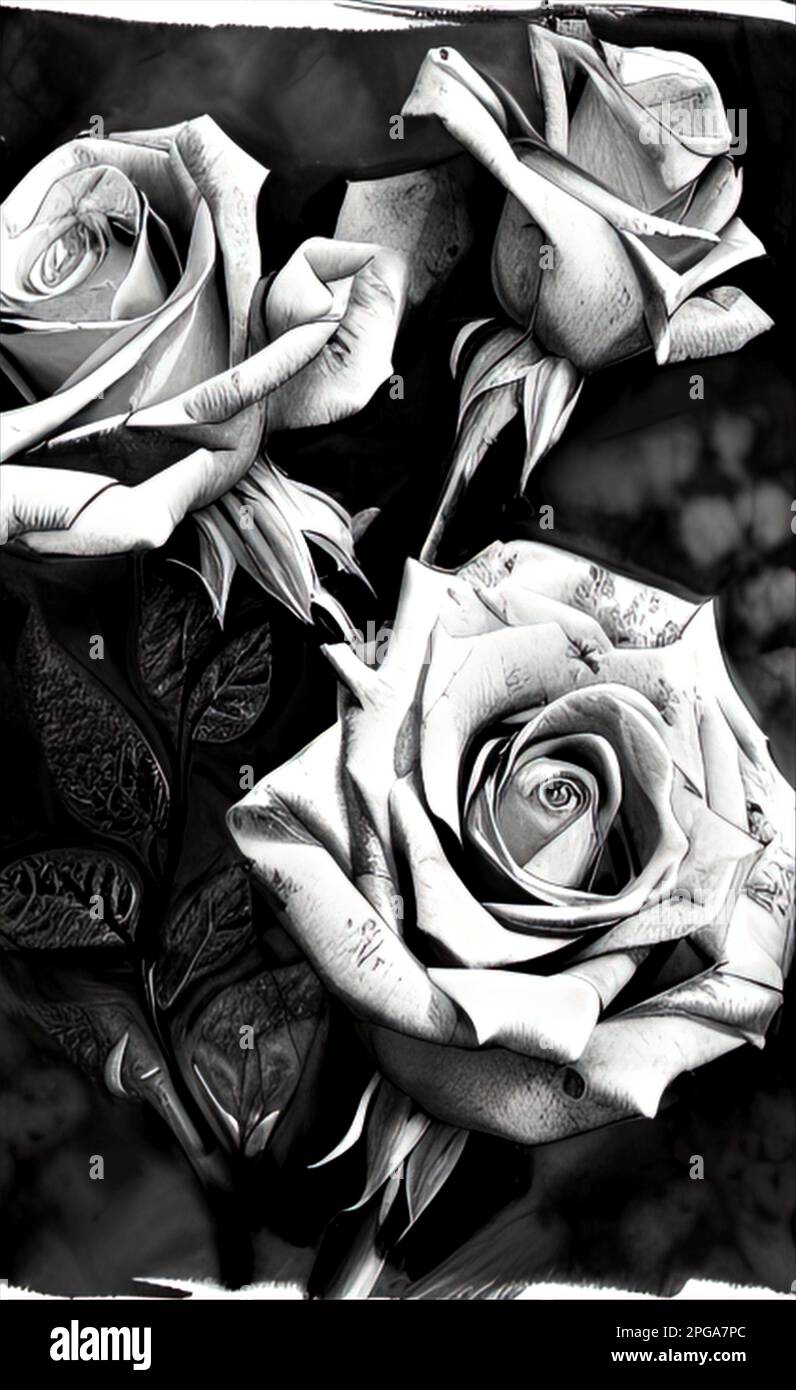 dessin noir et blanc d'une fleur rose gros plan, graphiques monochromes, art Banque D'Images