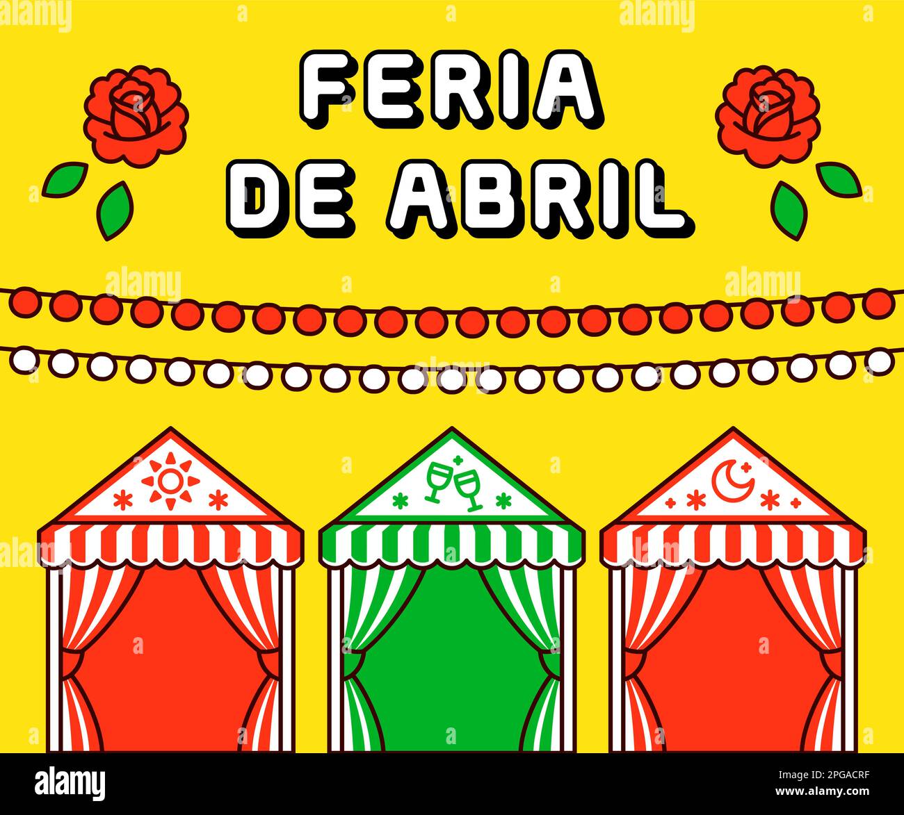 Feria de Abril (espagnol pour la foire d'avril) Festival traditionnel à Séville, Espagne. Affiche de dessin animé plate avec lanternes et casetas. Clip art vectoriel Illustration de Vecteur