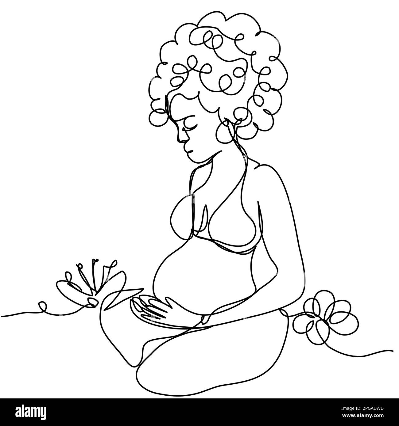 Une fille enceinte avec des boucles est assise dans une position de lotus sur une ligne sur un fond blanc. Le concept de plaisir, de calme, d'espérance d'un enfant. A W Illustration de Vecteur