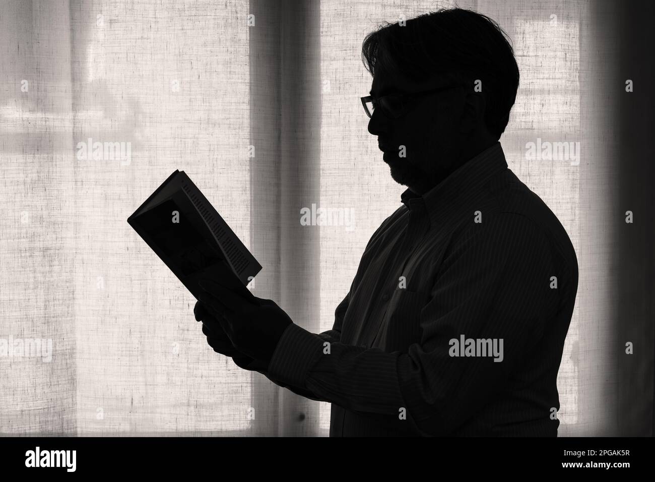 Vue de profil d'un homme mature axé sur la lecture d'un livre, silhouette masculine debout devant une fenêtre avec rideau blanc. Lei relaxant et instructif Banque D'Images