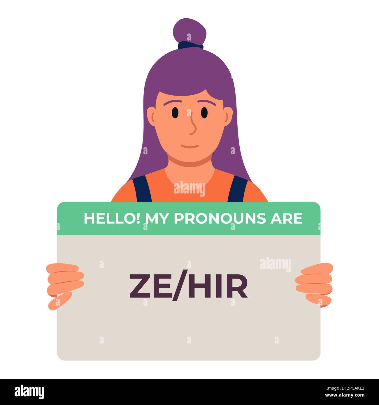 Violet cheveux non binaire personne tenant signe avec Pronouns Ze Hir. Illustration du vecteur de style plat Illustration de Vecteur