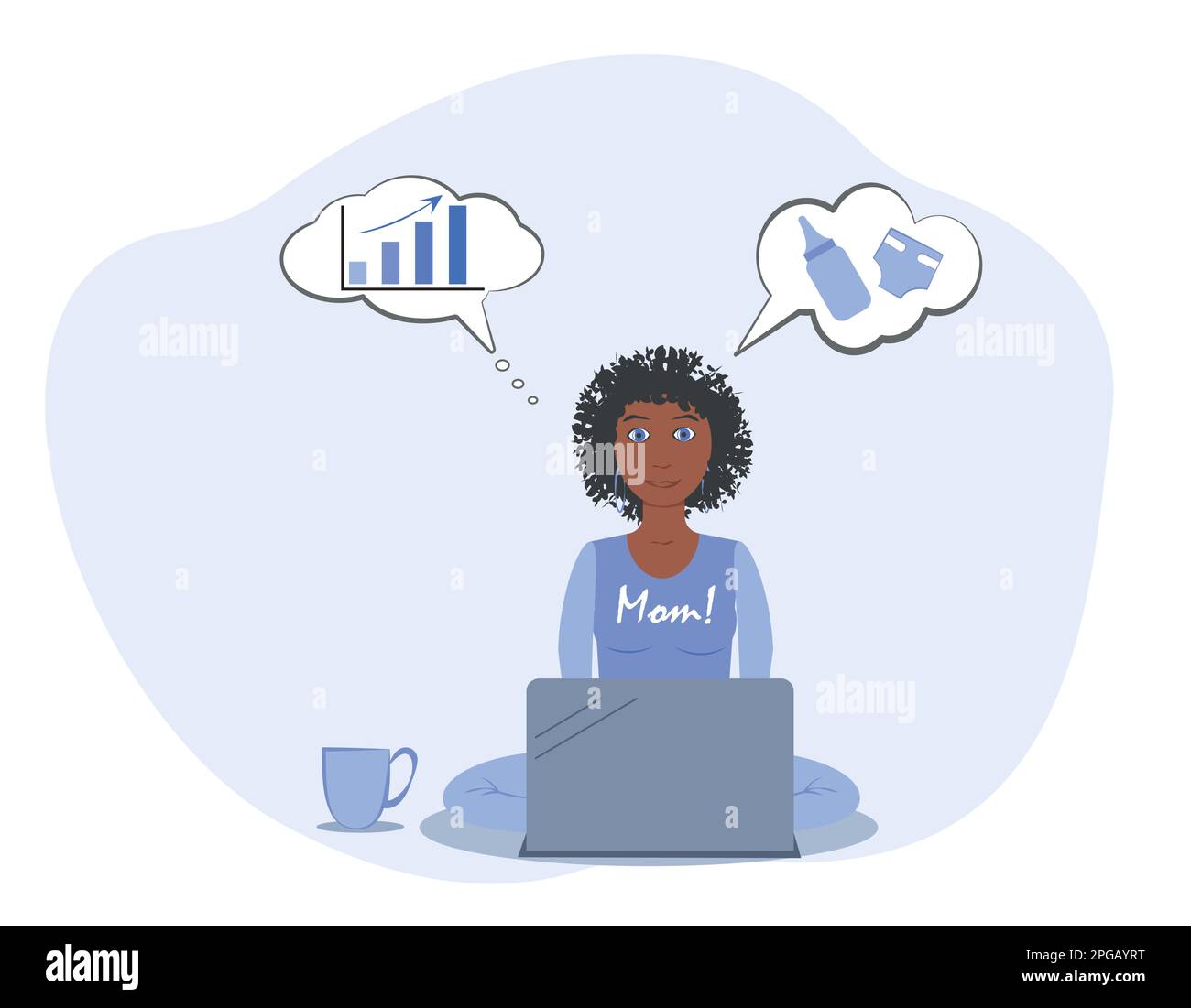 Femme, mère africaine américaine. Priorités des femmes dans la maternité et la carrière. Femme indépendante travaillant à la maison avec un enfant. Fête des mères. Travail Illustration de Vecteur