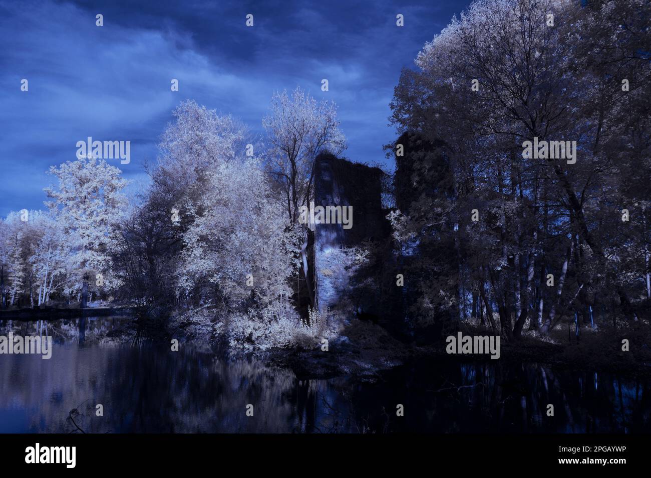 photographie infrarouge - photo infrarouge de paysage sous ciel avec nuages - l'art de notre monde dans le spectre infrarouge Banque D'Images