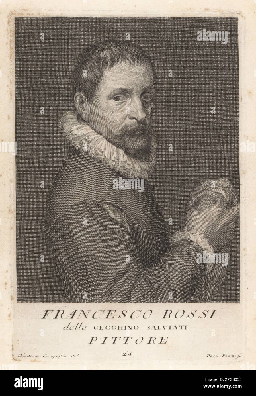 Francesco Dei Rossi, peintre Manneriste italien qui a vécu et travaillé à Florence, Venise et Rome, 1510-1563. Connu sous le nom il Cecchino del Salviati d'après son patron le Cardinal Salviata. Francesco Rossi, Pittore. Gravure sur plaque de coperplate par Rocco Pozzi d'après Giovanni Domenico Campiglia après un autoportrait de l'artiste du Museo Florentino de Francesco Moucke, Serie di Ritratti de Pittori (série de Portraits de Peintres) stampia Mouckiana, Florence, 1752-62. Banque D'Images