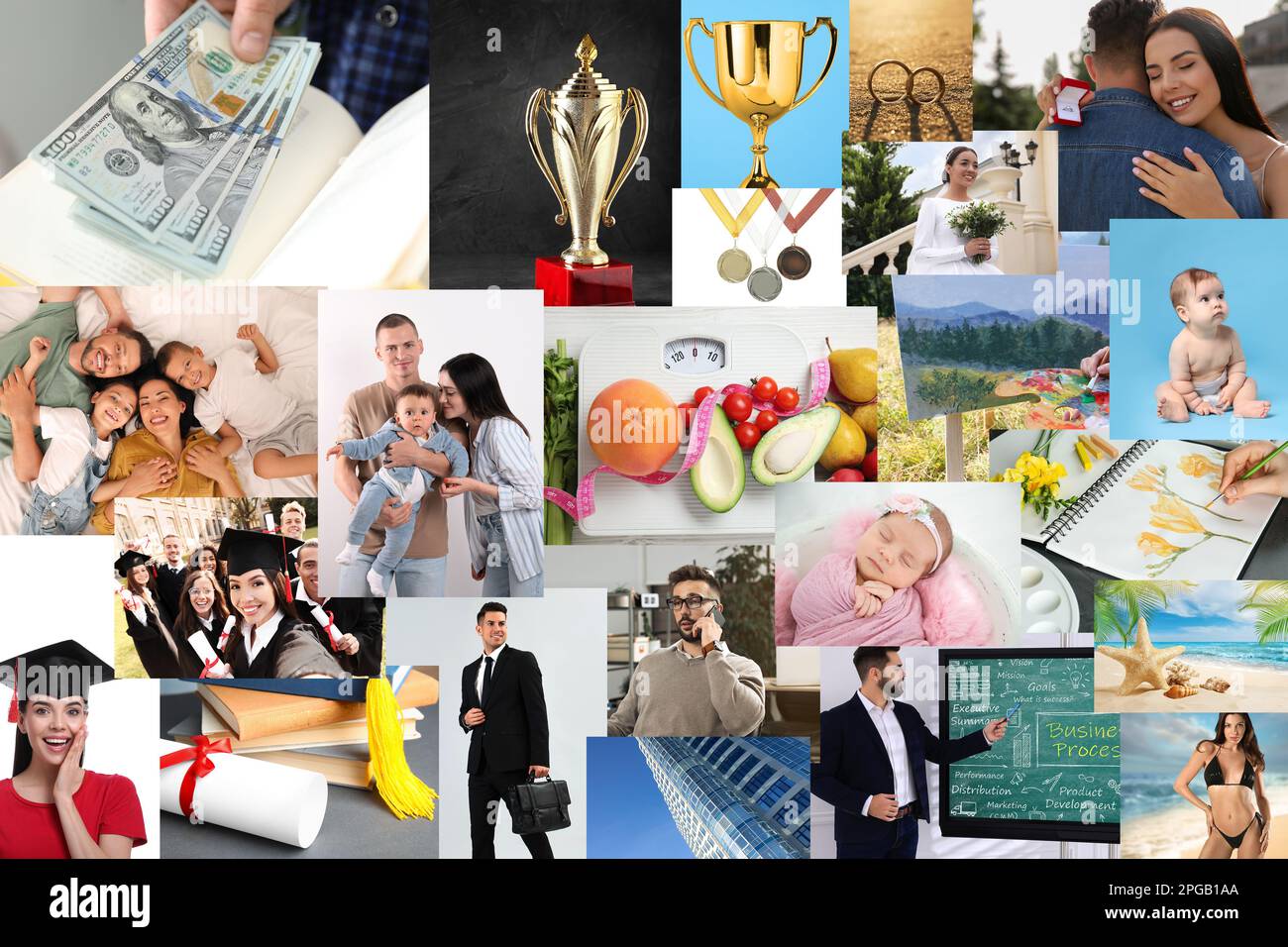 Conception du panneau de vision. Collage avec différentes photos représentant des rêves Banque D'Images