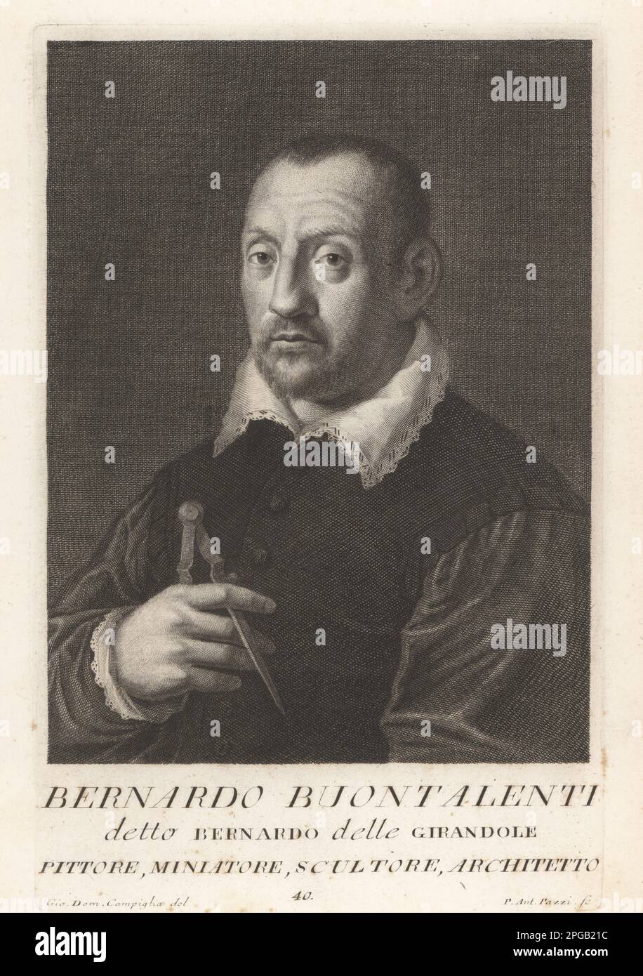 Bernardo Buontalenti, ou Bernardo delle Girandole, scénographe italien, architecte, peintre, miniaturiste, Sculpteur, ingénieur militaire et inventeur de glace italienne, c.1531-1608. Autoportrait tenant une paire de compas. Pittore, miniatore, scultore, Architetto. Gravure sur plaque de coperplate par Pietro Antonio Pazzi d'après Giovanni Domenico Campiglia après un autoportrait par l'artiste du Museo Florentino de Francesco Moucke, Serie di Ritratti de Pittori (série de Portraits de Peintres) stampia Mouckiana, Florence, 1752-62. Banque D'Images