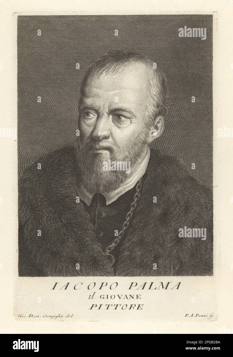 Jacopo Palma il Giovane, peintre italien de Venise, représentant de l'école vénitienne, 1544-1628. Iacopo Palma, Pittore. Gravure sur plaque de coperplate par Pietro Antonio Pazzi d'après Giovanni Domenico Campiglia après un autoportrait par l'artiste du Museo Florentino de Francesco Moucke, Serie di Ritratti de Pittori (série de Portraits de Peintres) stampia Mouckiana, Florence, 1752-62. Banque D'Images