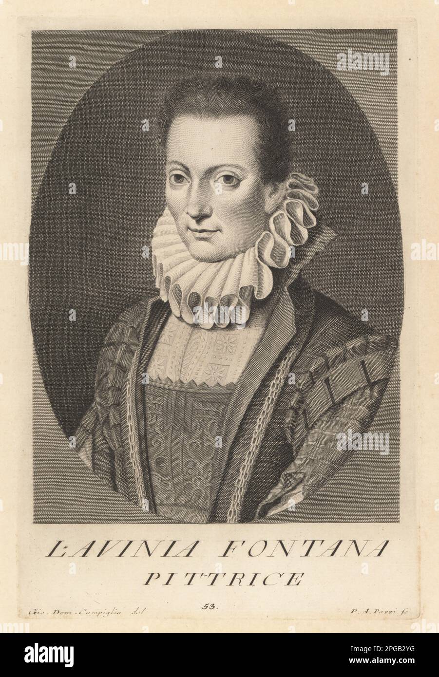 Lavinia Fontana, artiste maniériste italien actif à Bologne et Rome, 1552-1602. Fille de Prospero Fontana, née à Bologne, peint des pièces historiques. Pittrice. Gravure sur plaque de coperplate par Pietro Antonio Pazzi d'après Giovanni Domenico Campiglia après un autoportrait par l'artiste du Museo Florentino de Francesco Moucke, Serie di Ritratti de Pittori (série de Portraits de Peintres) stampia Mouckiana, Florence, 1752-62. Banque D'Images