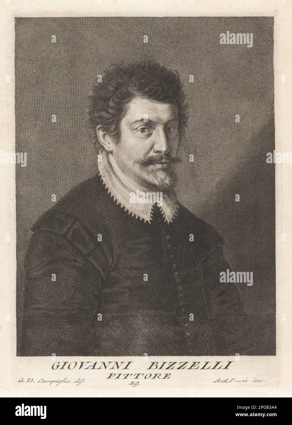 Giovanni Bizzelli, peintre italien de la période manineriste tardive, 1556-1612. Travaillé à Rome et Florence, et peint des fresques dans les églises et les voûtes du couloir des Offices. Gravure sur plaque de coperplate par Pietro Antonio Pazzi d'après Giovanni Domenico Campiglia après un autoportrait par l'artiste du Museo Florentino de Francesco Moucke, Serie di Ritratti de Pittori (série de Portraits de Peintres) stampia Mouckiana, Florence, 1752-62. Banque D'Images