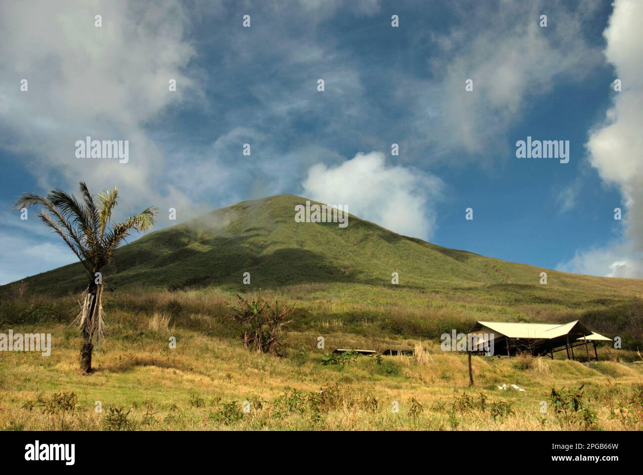 Vue sur le mont Lokon avec un bâtiment et un palmier à sucre (Arenga pinnata), qui est localement une culture importante, sur la pente du volcan actif à Tomohon, au nord de Sulawesi, en Indonésie. Selon l'Organisation des Nations Unies pour l'alimentation et l'agriculture (FAO), il est essentiel de transformer les systèmes agroalimentaires pour s'adapter au changement climatique, compte tenu du dernier rapport publié par le Groupe d'experts intergouvernemental sur l'évolution du climat (GIEC), cité par ReliefWeb sur 20 mars 2023. Banque D'Images