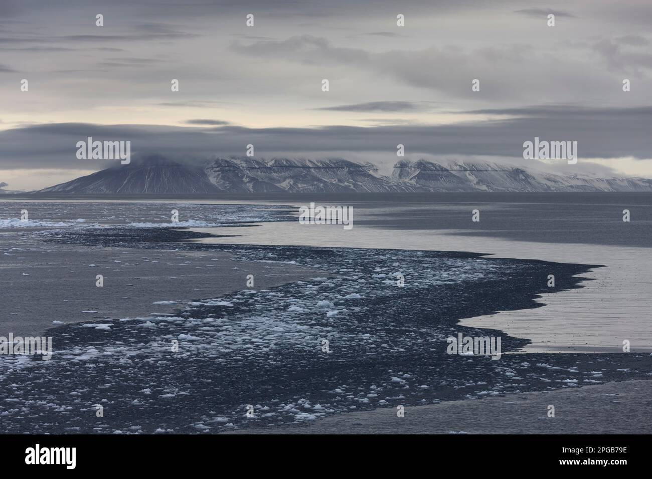 Blocs de glace flottants avec des motifs et des structures dans l'eau, chaîne de montagnes derrière, détroit de Hinlopen, Spitzbergen, Svalbard Banque D'Images