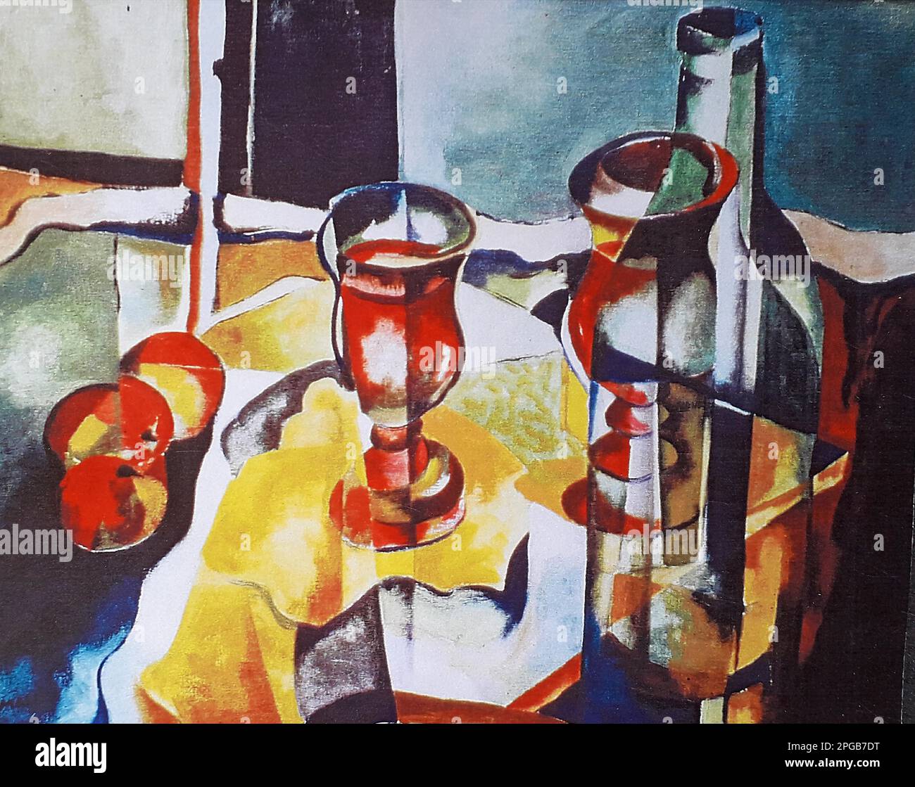 Peinture à l'huile par Volker von Mallinckrodt dans le style cubiste, Cubisme, avec une bouteille de vin, deux verres à vin et des pommes Banque D'Images