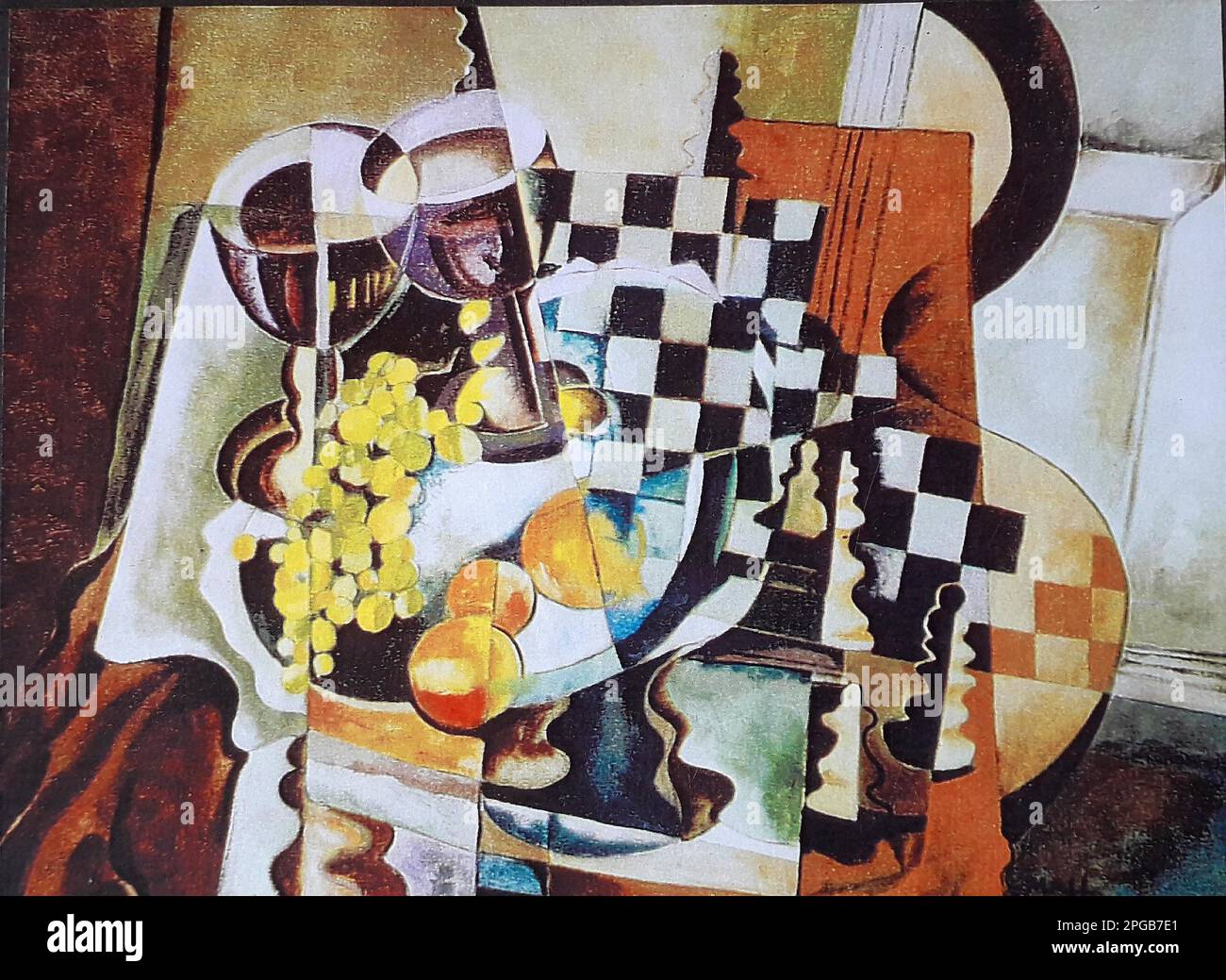 Peinture à l'huile par Volker von Mallinckrodt dans le style cubiste, Cubisme, avec des fruits, des raisins, des pommes, échiquier, pièces d'échecs et guitare Banque D'Images