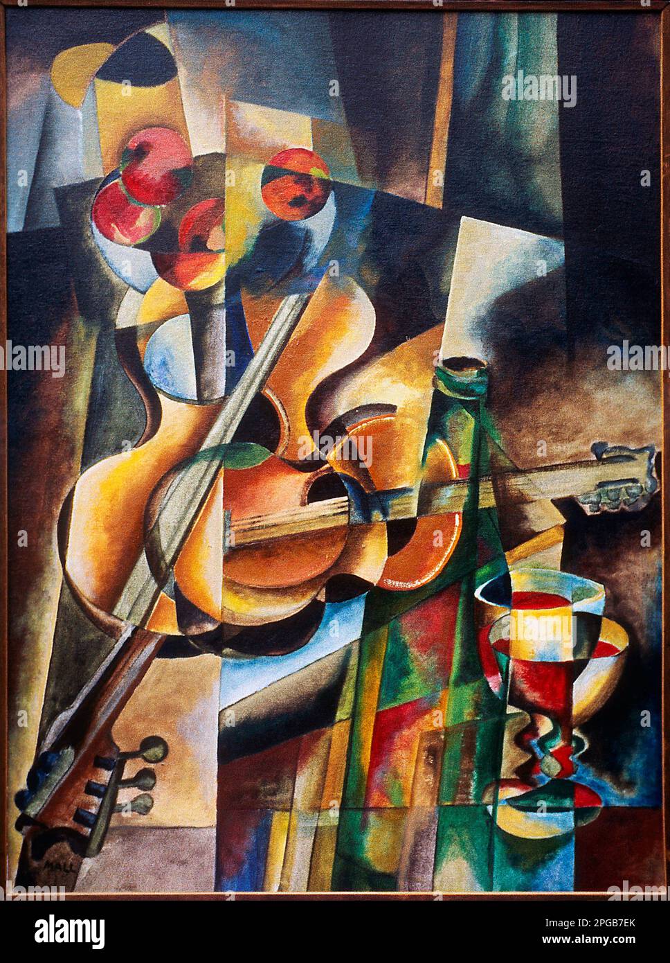 Peinture à l'huile par Volker von Mallinckrodt dans le style Cubiste avec guitares, pommes et vin rouge Cubisme Banque D'Images