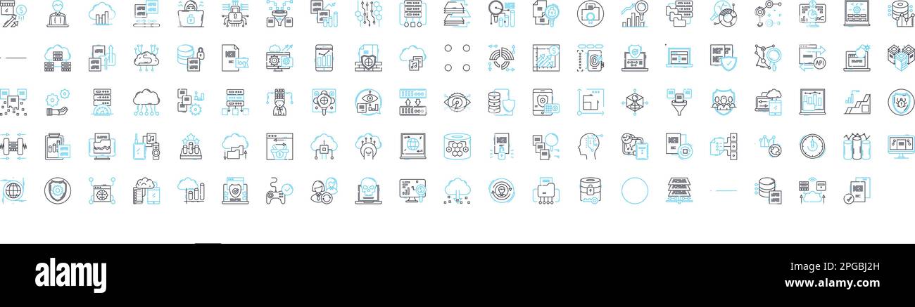 Jeu d'icônes de ligne vectorielle Big Data. Hadoop, analyse, exploration, machine, apprentissage, Stockage, l'illustration de l'infrastructure décrit les symboles et les panneaux de concept Illustration de Vecteur