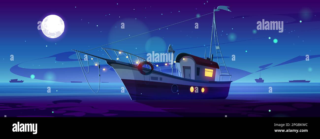 Yacht de dessin animé flottant dans la mer de nuit. Illustration vectorielle d'un petit bateau de pêche illuminé de guirlande, silhouettes de navires à l'horizon, pleine lune brillant dans un ciel étoilé sombre. Voyages en mer Illustration de Vecteur
