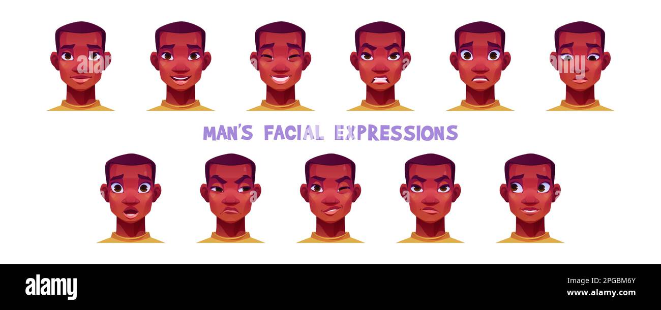 Expressions faciales afro-américaines isolées sur fond blanc. Dessin animé vectoriel de heureux, sourire, triste, surpris, peur, visage masculin en colère et contrarié. Personnage de jeu ou avatar Illustration de Vecteur