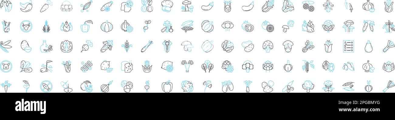 Jeu d'icônes de lignes vectorielles végétales. Pois, carottes, céleri, pommes de terre, brocoli, Radis, illustration de Celeriac, présentent les symboles et les signes du concept Illustration de Vecteur