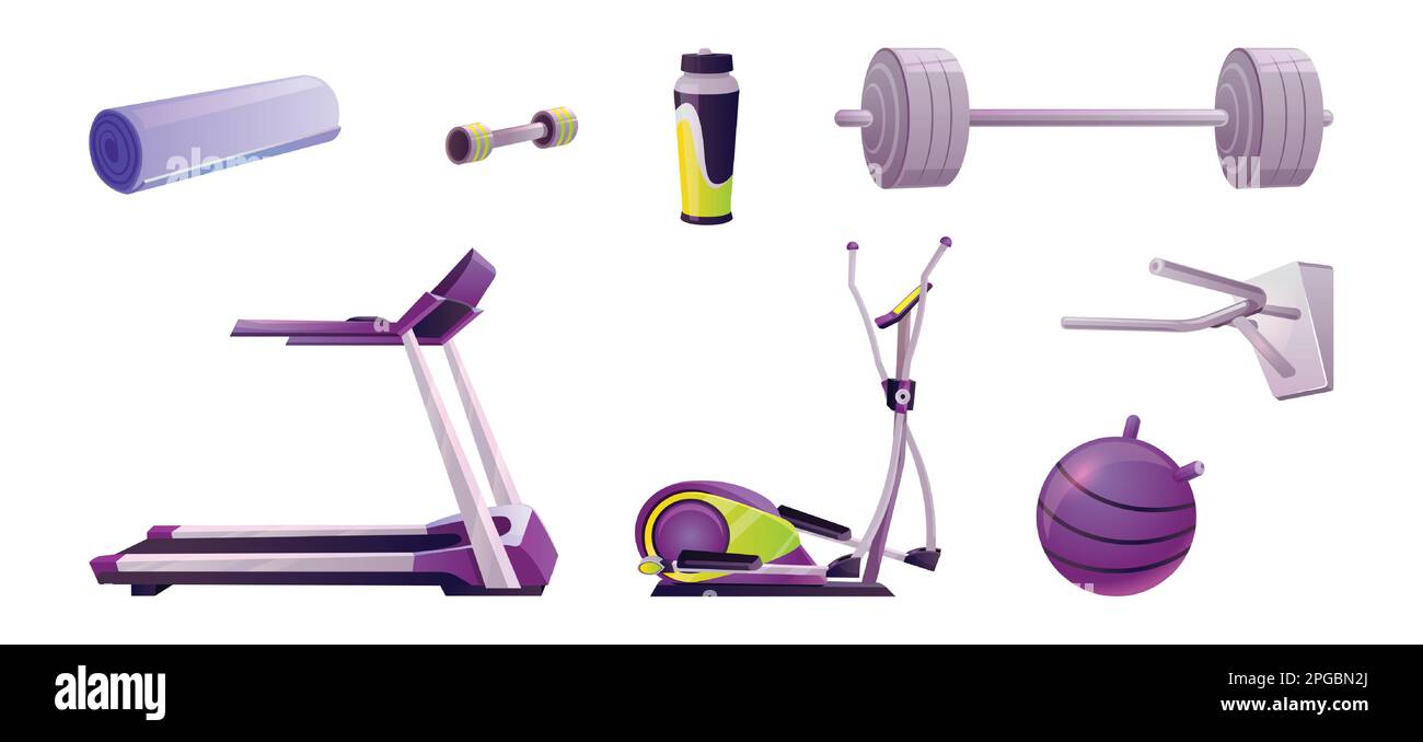 Ensemble d'exercice isolé pour l'intérieur du club de fitness sur fond blanc. Tapis roulant, tapis de yoga, haltères et appareils d'entraînement elliptique pour la salle de gym. Bouteille d'eau et outil pour le muscle de train Illustration de Vecteur