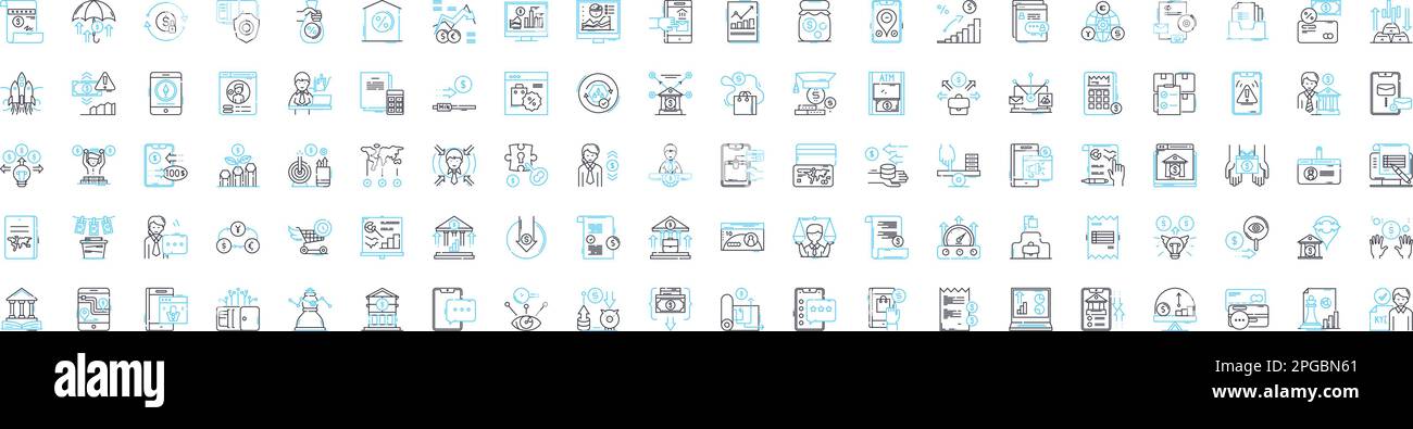 Ensemble d'icônes de lignes vectorielles de services de trésorerie. Argent, fonds, banque, paiements, ATM, symboles et signes conceptuels d'illustration de débit et de crédit Illustration de Vecteur