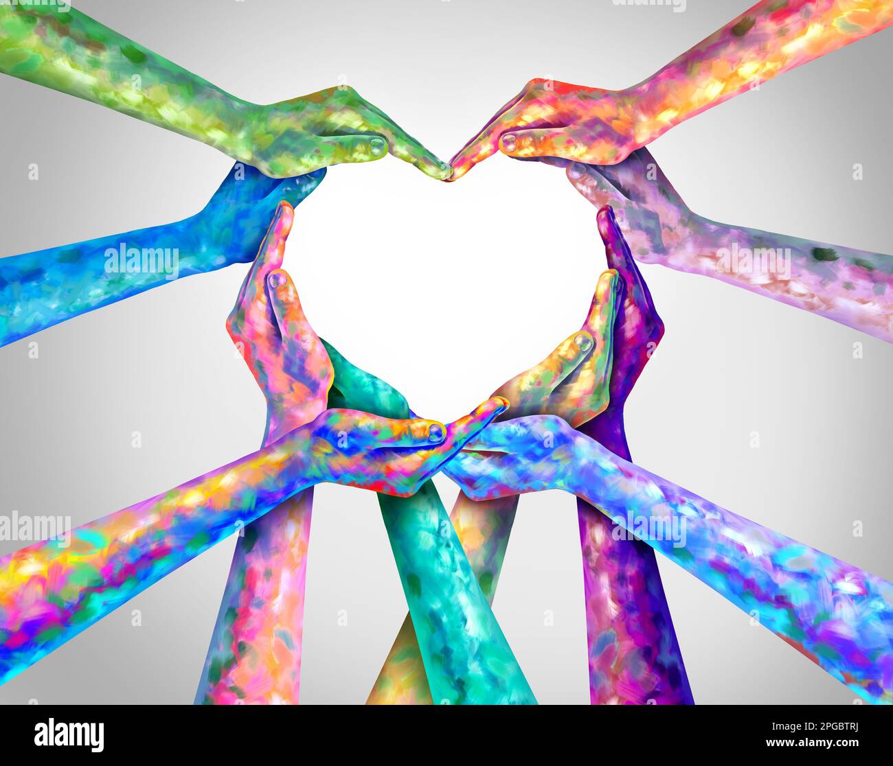 Diversité coeur mains comme un groupe de mains artistiques avec la texture peinte comme des personnes diverses reliées ensemble en forme de symbole d'amour pour l'unité Banque D'Images
