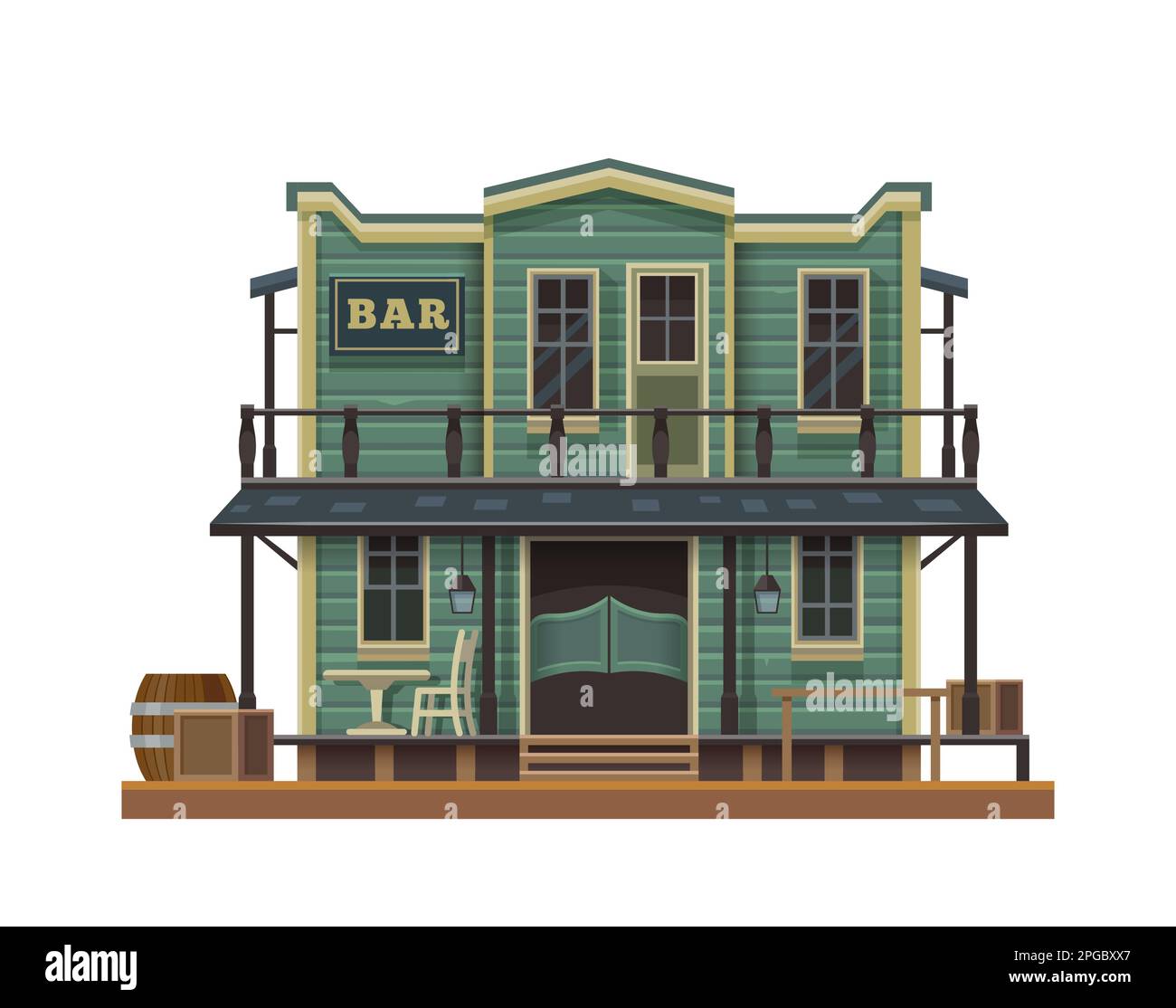 WESTERN, Wild West bar dans la ville de cow-boy, vieux bâtiment de dessin animé, le pays vectoriel saloon en bois. American Wild West ou Texas Country bar pour cow-boys, Wester Illustration de Vecteur