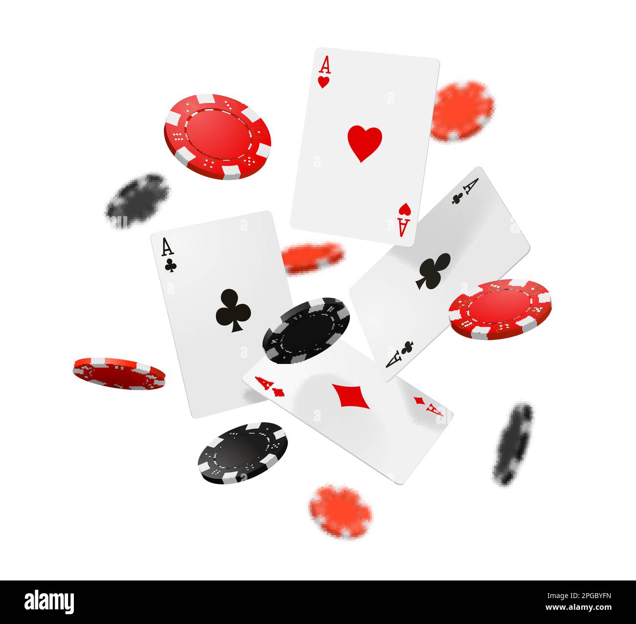 Cartes et jetons de poker de casino volant. Jeu réaliste de 3D vecteurs, pot de jack, Aces tombant, pièces rondes rouges et noires. Grands Paris de casino en ligne de gain Illustration de Vecteur
