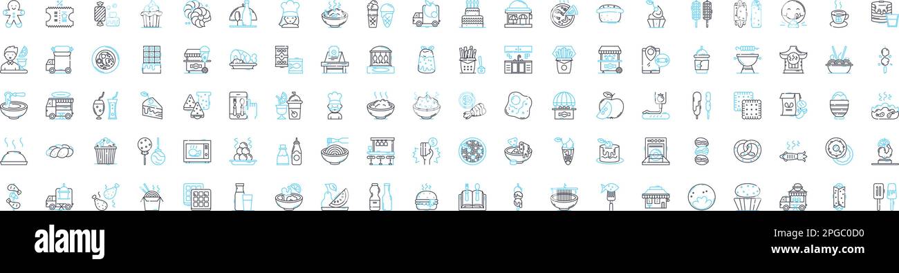 Jeu d'icônes de lignes vectorielles fast food. Restauration rapide, Junk-food, drive, Takeout, Burger, L'illustration frites, pizza présente les symboles et les affiches du concept Illustration de Vecteur
