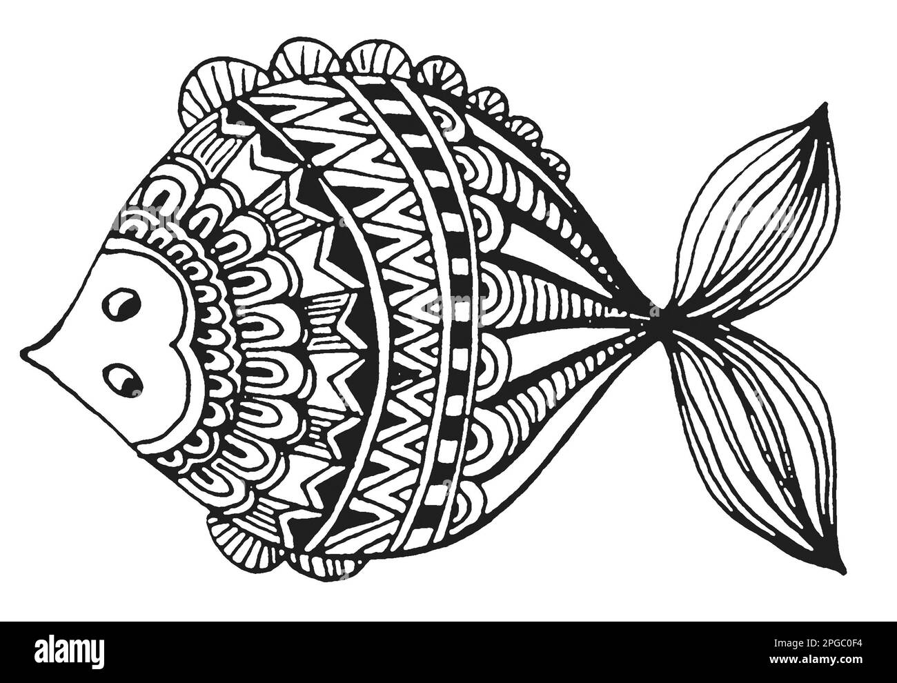 motifs de poissons, dessin à la main, illustration en noir et blanc, dessin au trait Banque D'Images