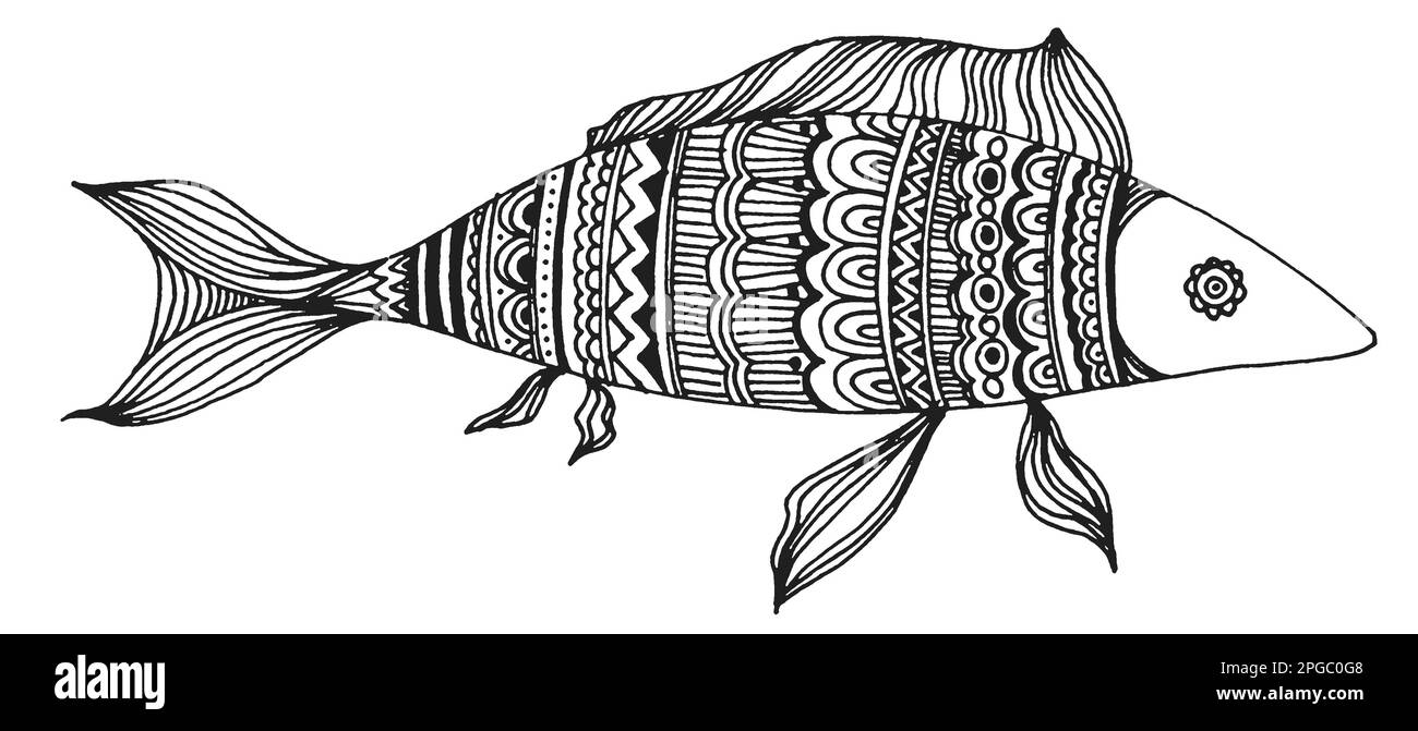 motifs de poissons, dessin à la main, illustration en noir et blanc, dessin au trait Banque D'Images